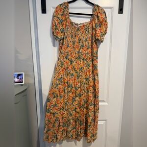 Smocked Puff-Sleeve Yellow Floral Maxi Dress